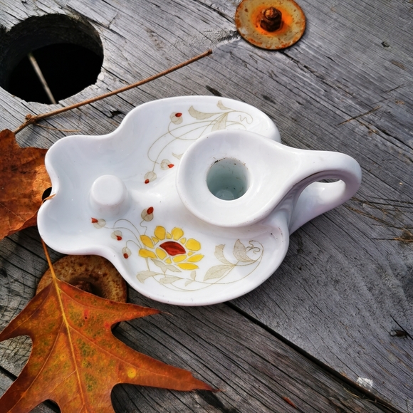 Vintage White Ceramic Hand-painted Chamberstick Candle Holder with Sunflower - Picture 2 of 13
